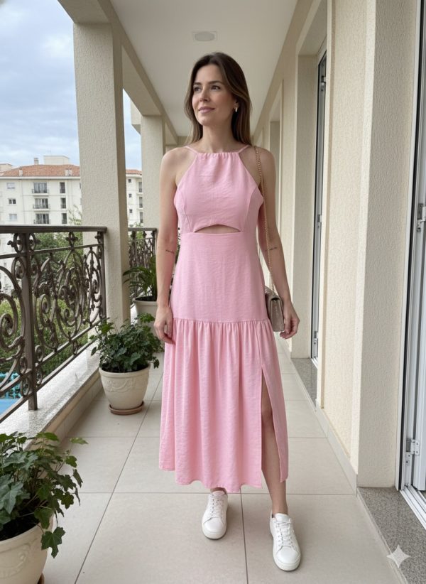 Vestido Mídi - Amarração Rosa bebê