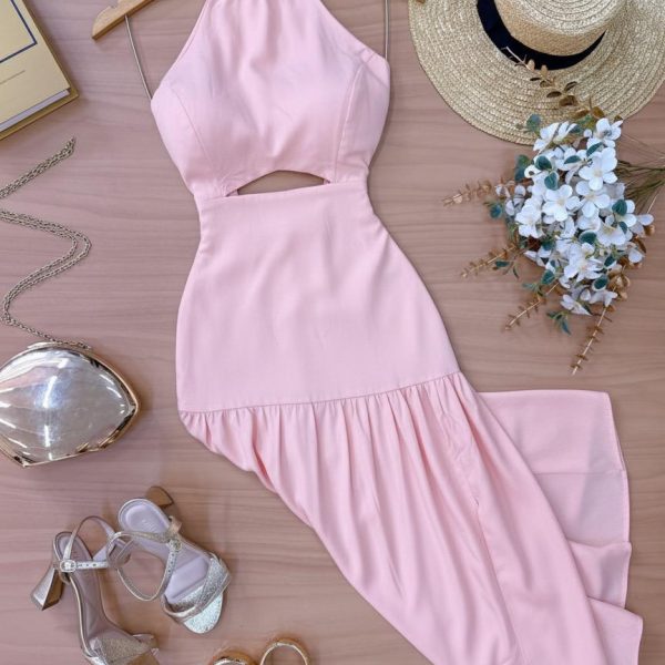 Vestido Mídi  - Amarração Rosa bebê